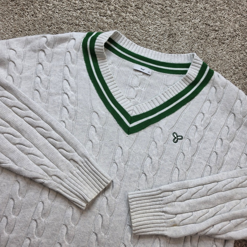 Tna Aritzia Varsity Cable Knit Sweater Womens Large Cream Green V-Neck Preppy